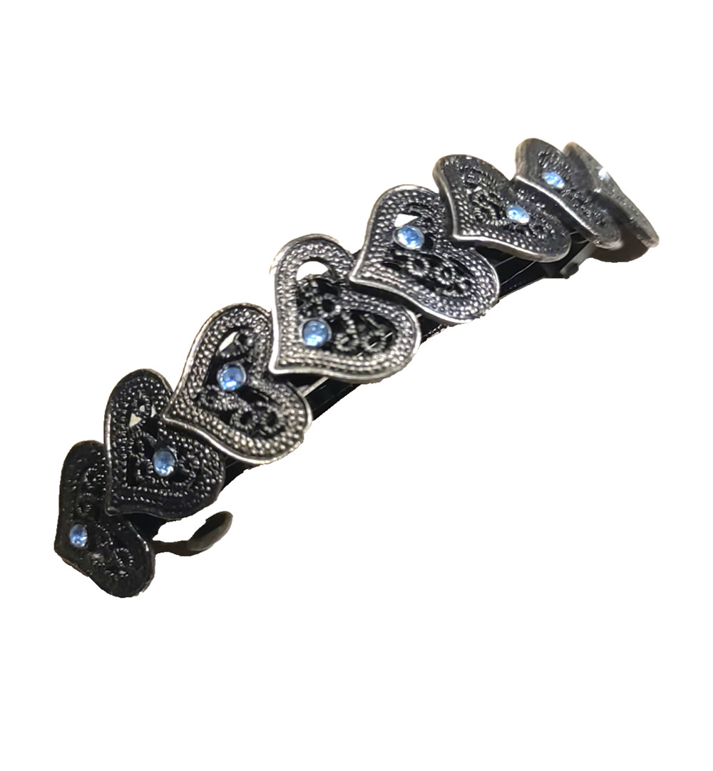 Heart Barrette Tension Clip Blue Rhinestone Layered Hearts Gun Metal Color
